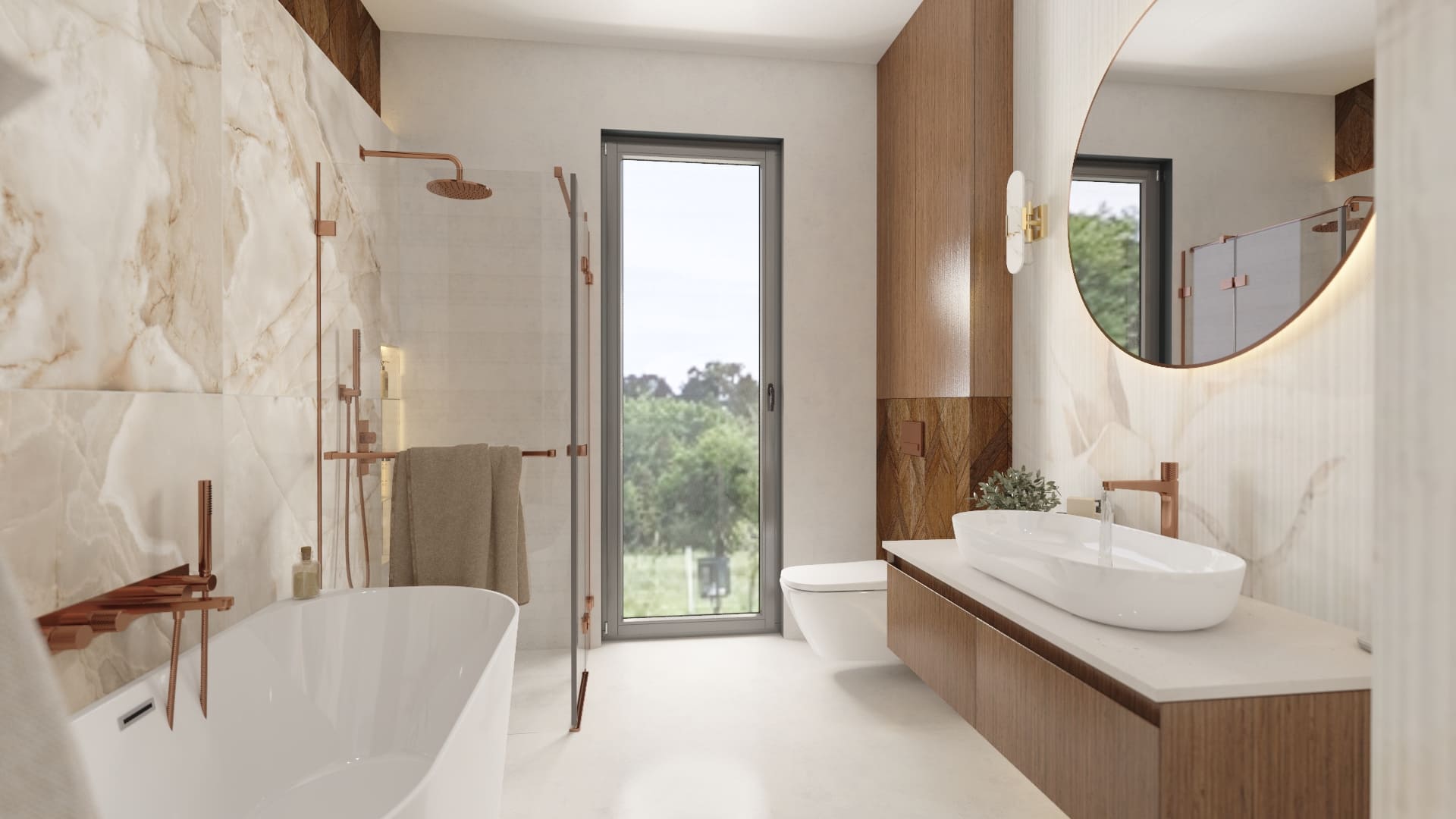 Nowoczesna łazienka w domu jednorodzinnym w Katowicach – projekt wnętrza z jasnymi płytkami i wanną