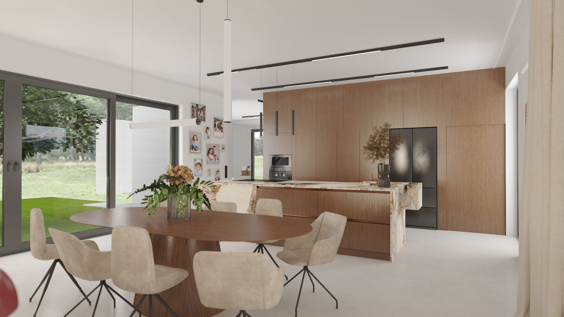 Salon z aneksem kuchennym w domu w Katowicach – nowoczesny projekt wnętrza