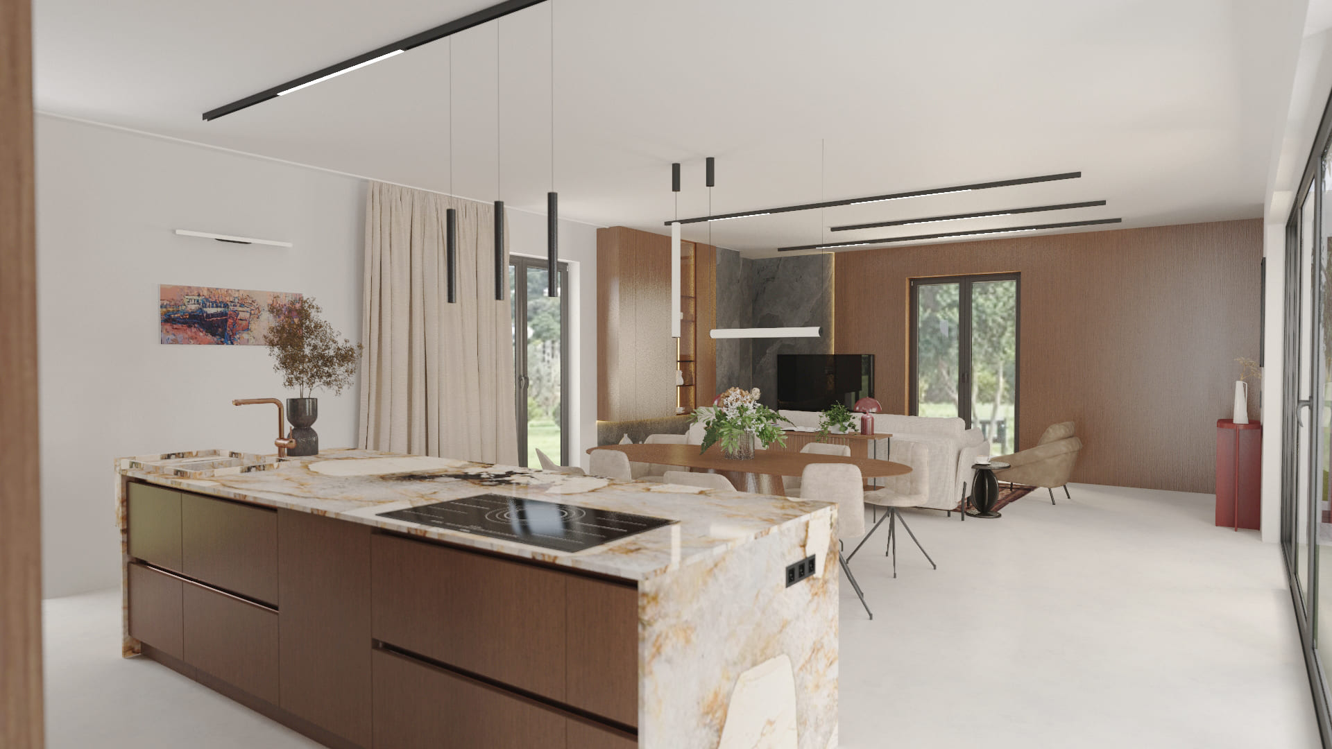 Nowoczesna kuchnia otwarta na salon – projekt domu jednorodzinnego Katowice