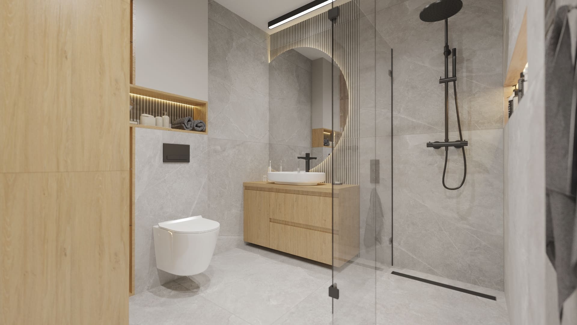 Łazienka w mieszkaniu 65 m2 w Krakowie – drewno i minimalistyczny design