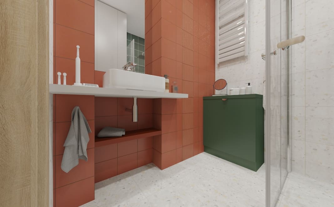 Geometryczna łazienka w mieszkaniu 45 m2 w Tarnobrzegu – projekt wnętrza