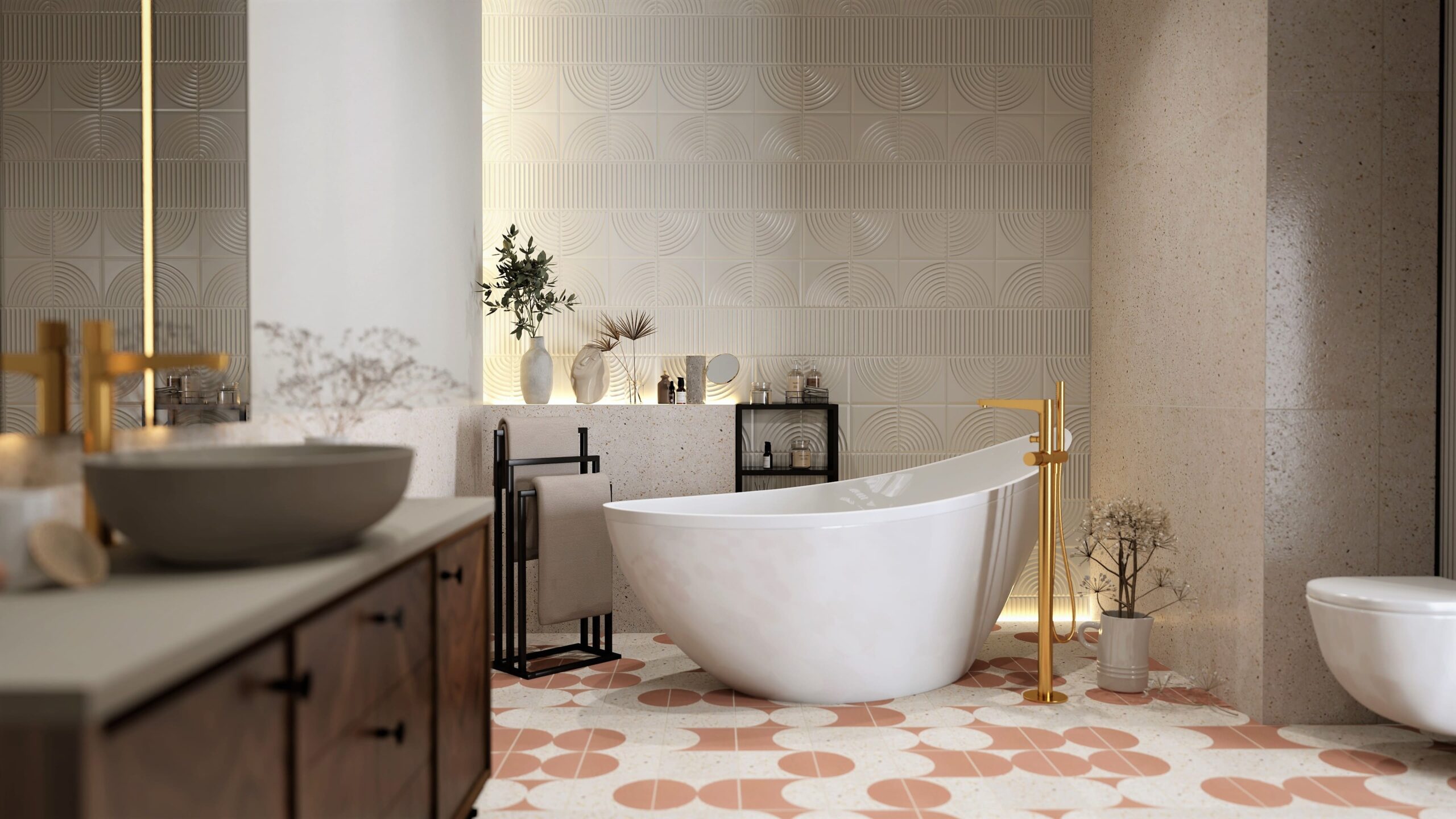 Łazienka z czarnym marmurem i złotą armaturą – mieszkanie Katowice Siewna