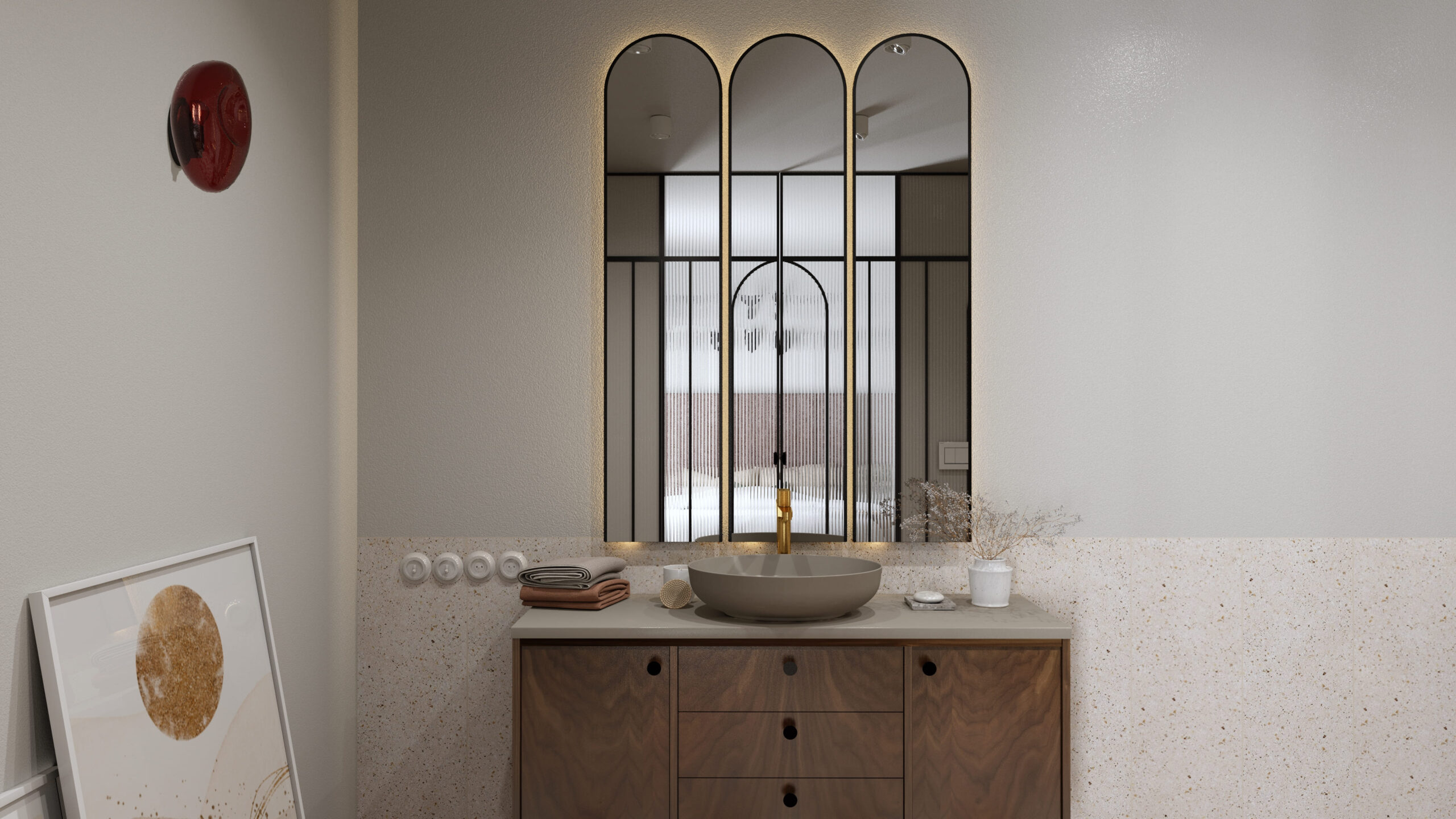 Designerska łazienka z płytkami terakotowymi – projekt wnętrza Katowice