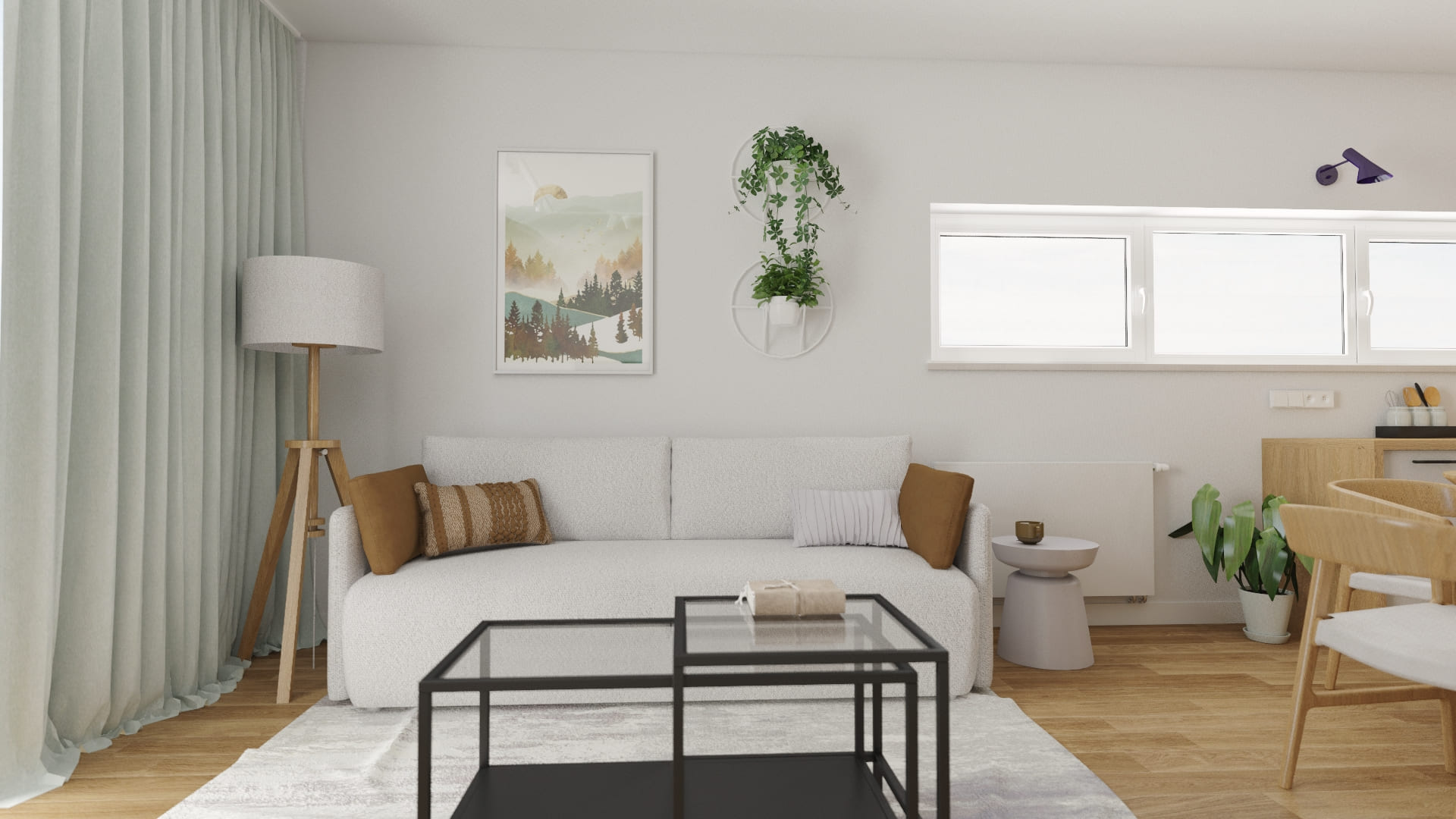 Detal salonu w mieszkaniu 65 m2 w Krakowie – drewno i minimalizm