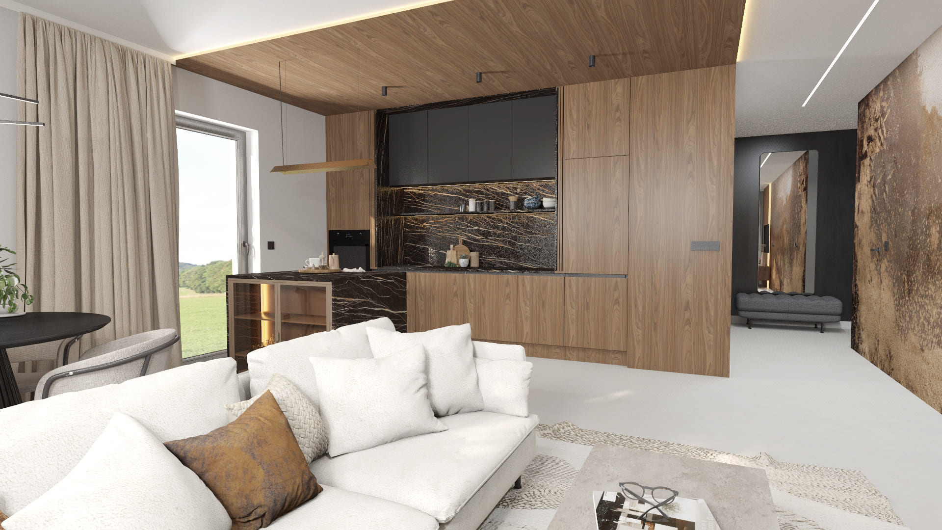 Salon z panoramicznymi oknami w mieszkaniu Katowice Siewna – luksusowy projekt wnętrza