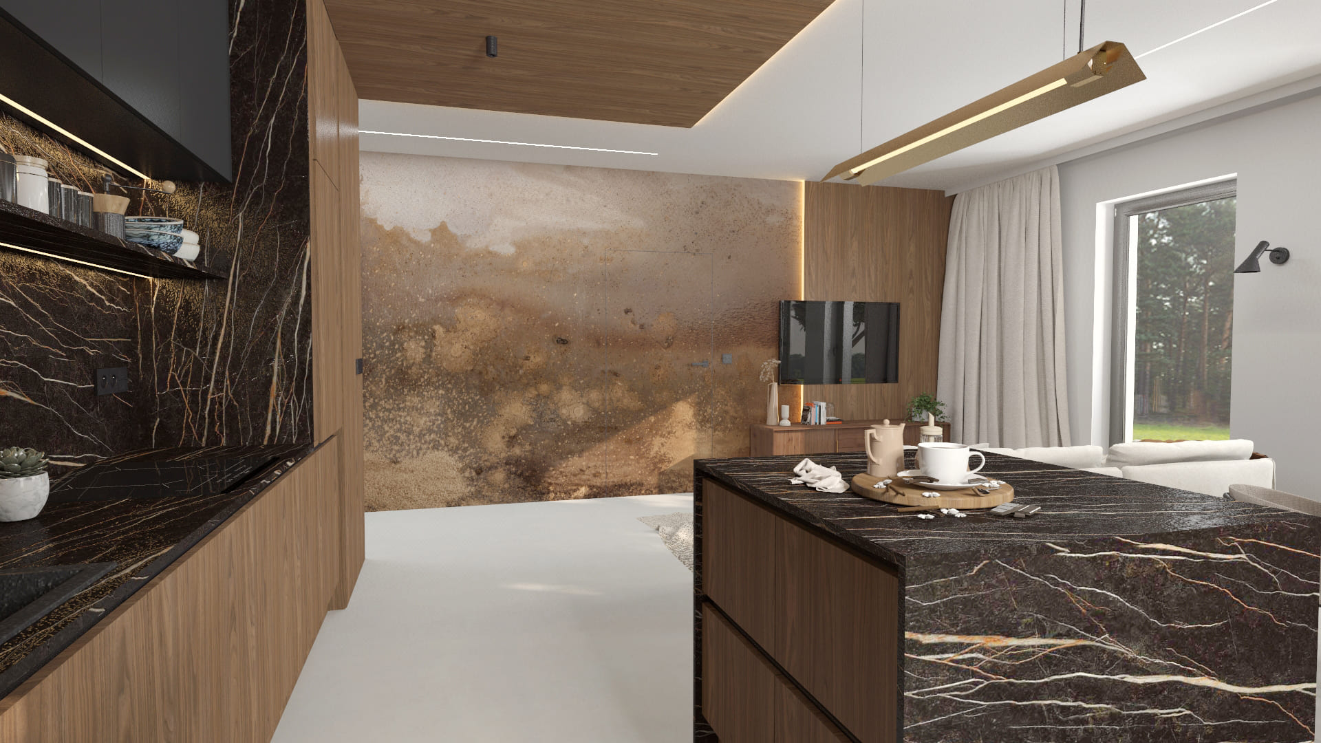 Ekskluzywna kuchnia z marmurem i drewnem – mieszkanie Katowice Siewna