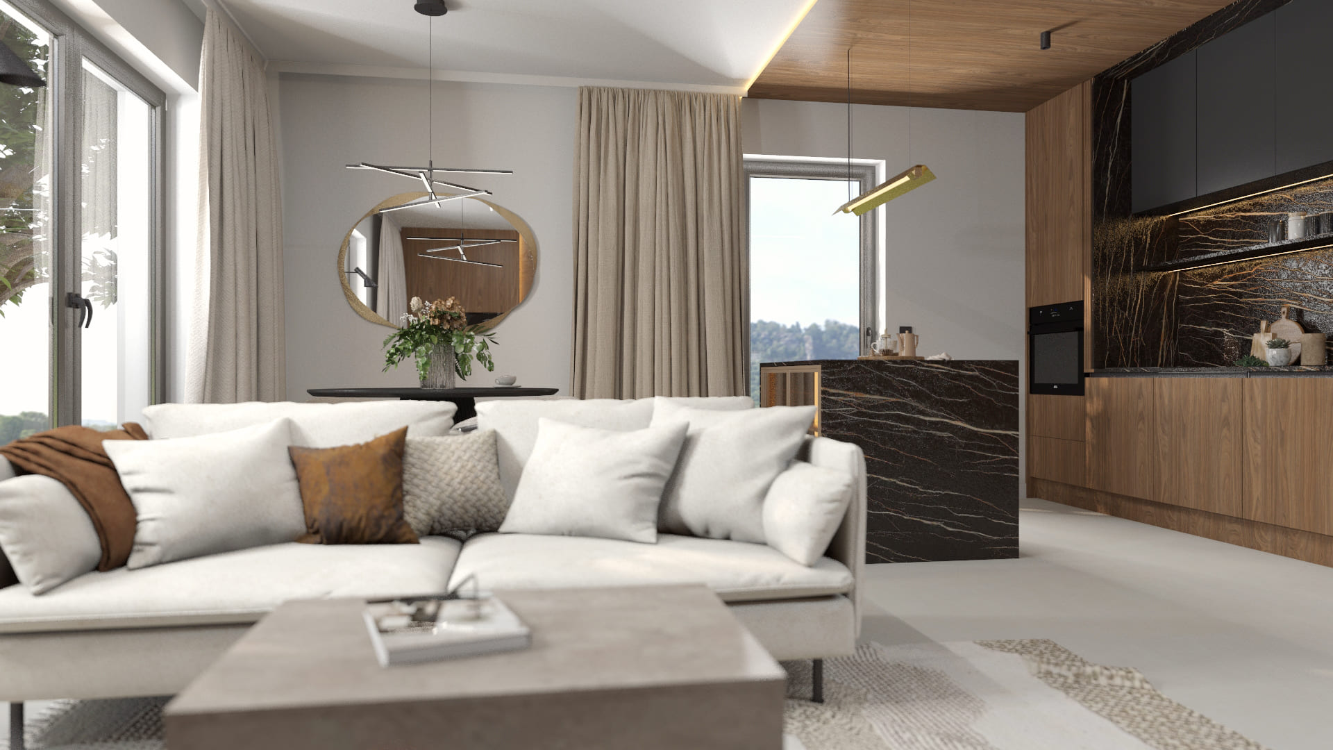 Nowoczesny salon z drewnianym sufitem – mieszkanie Katowice Siewna